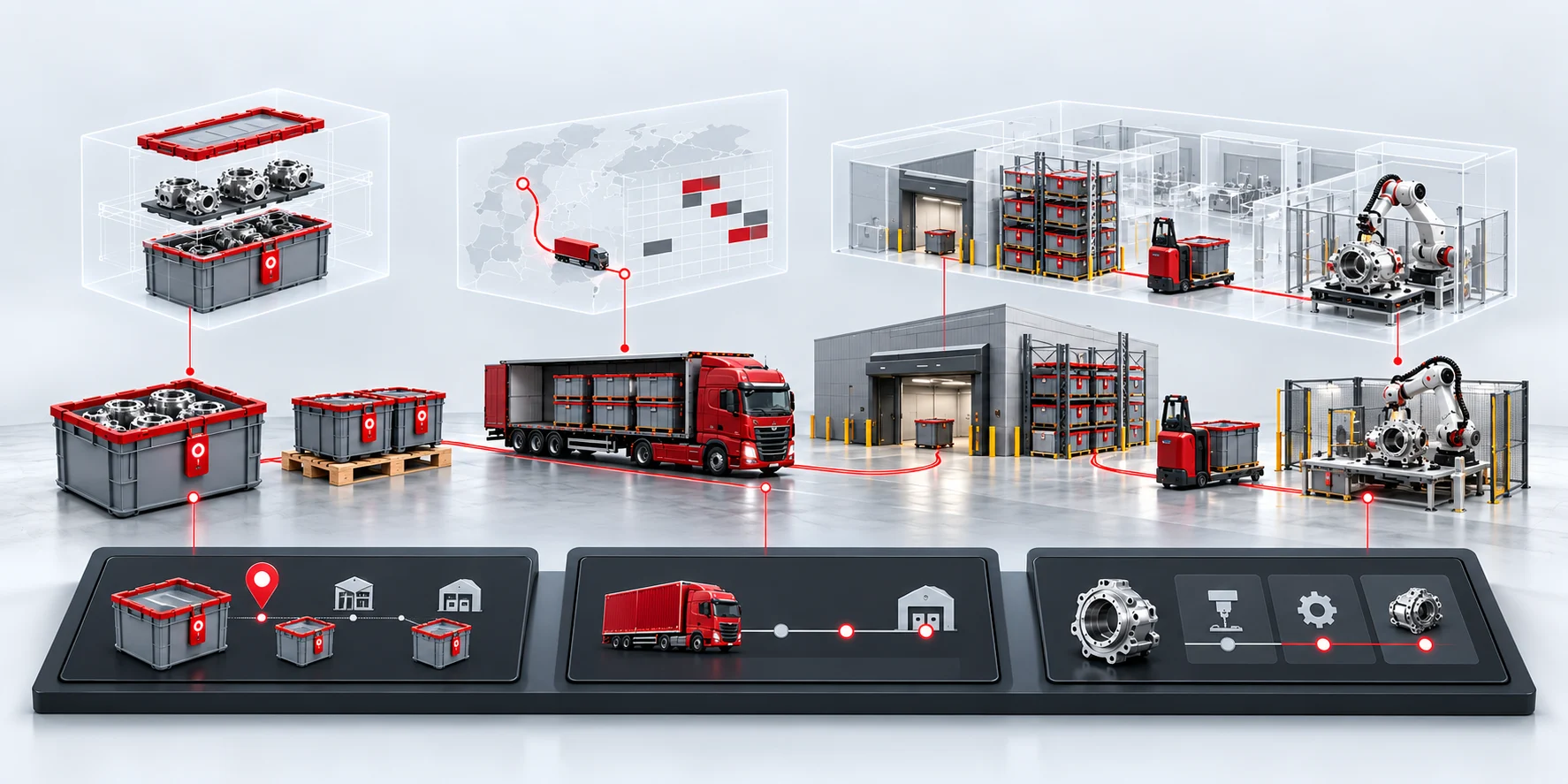 Connected material flow from packing at the supplier, through transport and plant receipt, to production