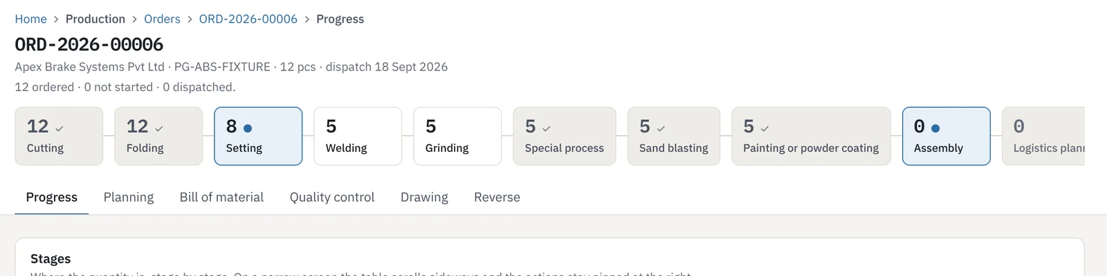 Order progress: Setting